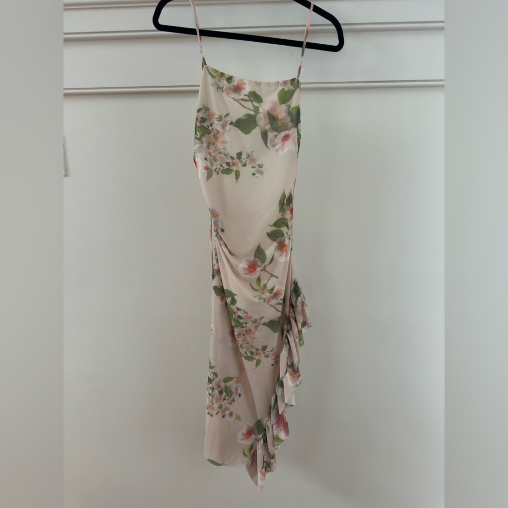 Zara Asymmetrical Floral Print Dress in Cream and Green